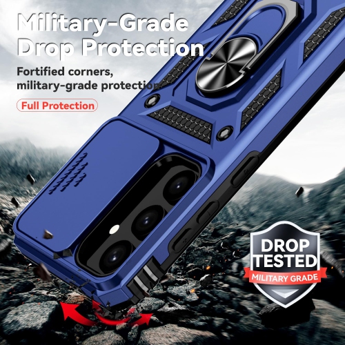 for Samsung Galaxy S25 S24 Case - Includes 2 Tempered Protective Films with Sliding Window Camera Protection and Phone Holder - Blue