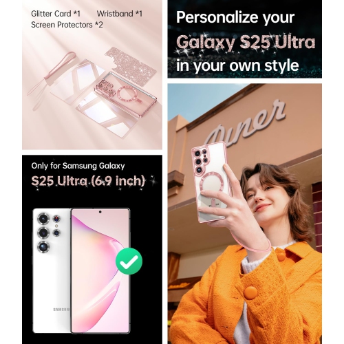 Case for Samsung Galaxy S25 Ultra 6.9 inch, Compatible with 2X HD Screen Protectors Glitter Card & Wrist Strap Full Lens Protection Case for Galaxy