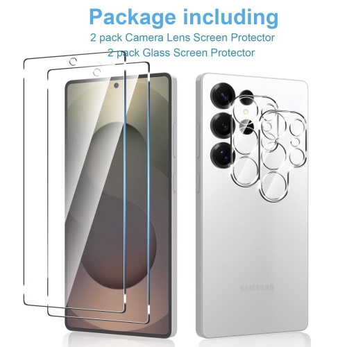 2 Pack Samsung Galaxy S25 Ultra Screen Protector + 2 Pack Galaxy S25 Ultra Camera Lens Tempered Glass Protector.Hardness.Support Fingerprint Unlock