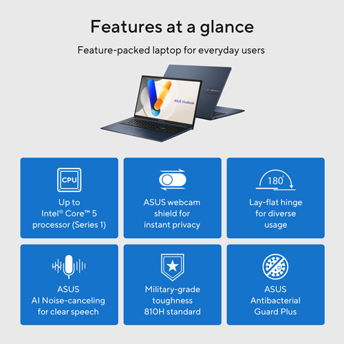 Portable de 17,3 po Vivobook d'ASUS - Bleu calme (Core 5 120U d'Intel/RAM 16 Go/SSD 1 To/Windows 11)