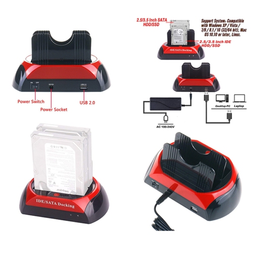 USB 2.0 to SATA/IDE Dual Slots Hard Drive Docking Station For 2.5 and 3.5 Inch SATA I/II/III HDD SSD