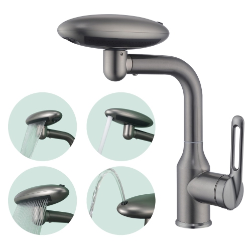 Bathroom Sink Faucet with 4 Water Outlet Modes, Modern 360°Rotatable Bar Tap with Two Water Supply Pipes(80CM Supply Pipes)