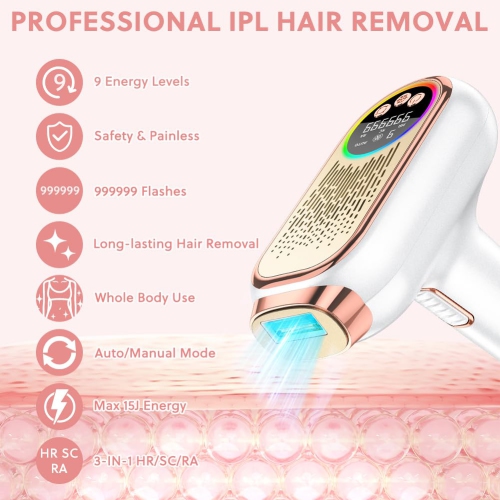 Épilateur laser IPL, épilateur laser 3 en 1 avec mode HR/SC/RA, lumière pulsée Power Epilator avec 9 niveaux, épilation laser pour tout le corps