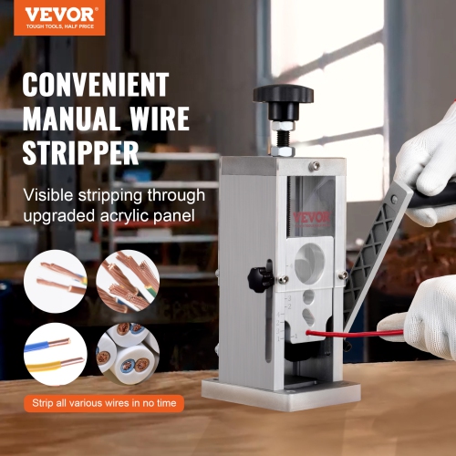 VEVOR 0.06''-1.5'' Hand-Operated Wire Stripper, Cable Removal Tool, Drill Attachment Option, Clear Depth Gauge, Lightweight Aluminum Build for