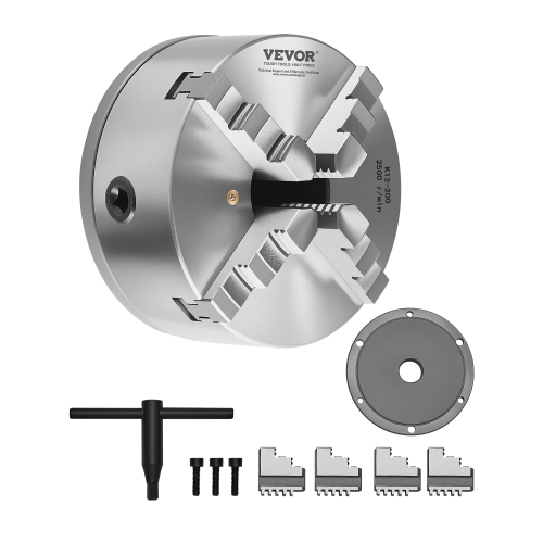 VEVOR 4-Jaw Lathe Chuck, 8in(200mm), Self-Centering, with 1 1/2in-8 Threaded Plate, 0.16-7.87in Clamping Range with T-wrench Screws, HT300 Material,