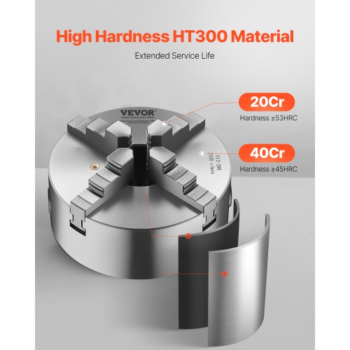 VEVOR 4-Jaw Lathe Chuck, 8in(200mm), Self-Centering, with 1 1/2in-8 Threaded Plate, 0.16-7.87in Clamping Range with T-wrench Screws, HT300 Material,