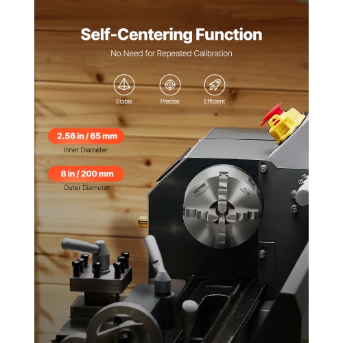 VEVOR 4-Jaw Lathe Chuck, 8in(200mm), Self-Centering, with 1 1/2in-8 Threaded Plate, 0.16-7.87in Clamping Range with T-wrench Screws, HT300 Material,