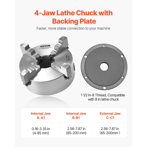 VEVOR 4-Jaw Lathe Chuck, 8in(200mm), Self-Centering, with 1 1/2in-8 Threaded Plate, 0.16-7.87in Clamping Range with T-wrench Screws, HT300 Material,