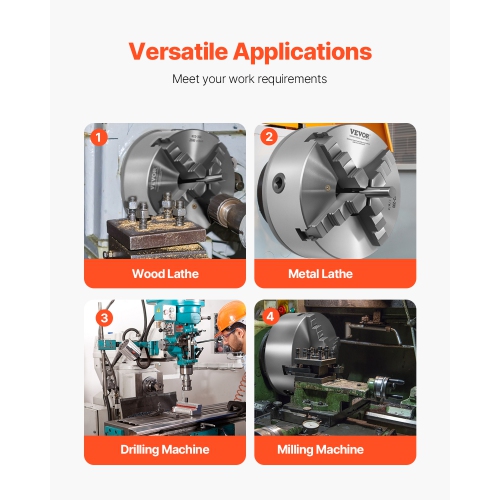 VEVOR 4-Jaw Lathe Chuck, 8in(200mm), Self-Centering, with 1 1/2in-8 Threaded Plate, 0.16-7.87in Clamping Range with T-wrench Screws, HT300 Material,