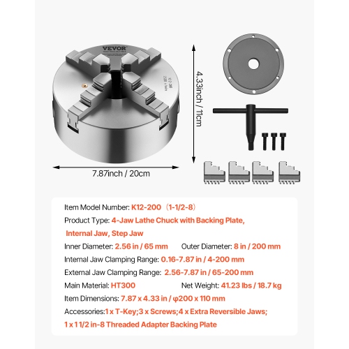 VEVOR 4-Jaw Lathe Chuck, 8in(200mm), Self-Centering, with 1 1/2in-8 Threaded Plate, 0.16-7.87in Clamping Range with T-wrench Screws, HT300 Material,