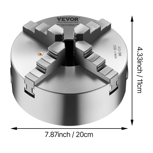 VEVOR 4-Jaw Lathe Chuck, 8in(200mm), Self-Centering, with 1 1/2in-8 Threaded Plate, 0.16-7.87in Clamping Range with T-wrench Screws, HT300 Material,