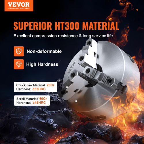 VEVOR 3-Jaw 10'' Lathe Chuck, Self-Centering, 0.24-9.84in/6-250mm Clamping Range, with T-key Screws & Hex Wrench, for Lathe 3D Printer Machining
