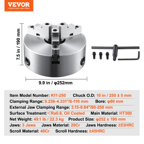 VEVOR 3-Jaw 10'' Lathe Chuck, Self-Centering, 0.24-9.84in/6-250mm Clamping Range, with T-key Screws & Hex Wrench, for Lathe 3D Printer Machining