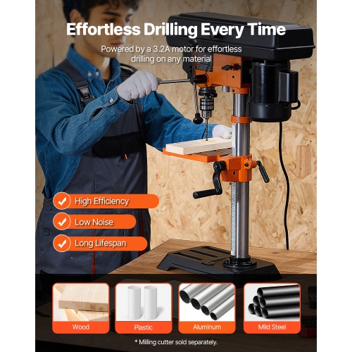 VEVOR 3.2 Amp Benchtop Drill Press, 5-Speed Adjustable with 650/1050/1800/2350/3100 RPM, 10in Swing, Cast Iron Frame, 0-45° Tilt Worktable, Work