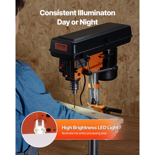 VEVOR 3.2 Amp Benchtop Drill Press, 5-Speed Adjustable with 650/1050/1800/2350/3100 RPM, 10in Swing, Cast Iron Frame, 0-45° Tilt Worktable, Work