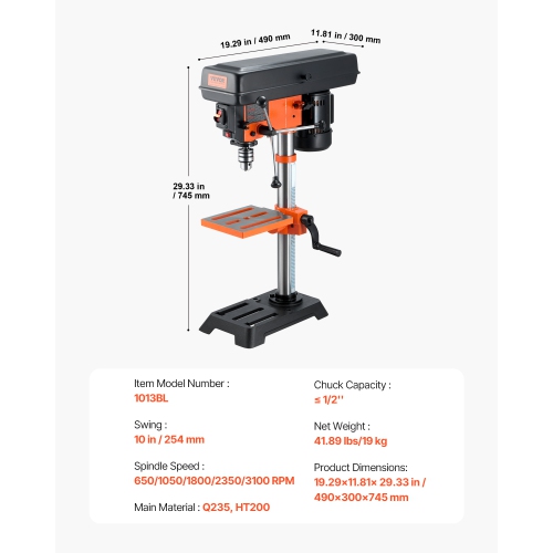 VEVOR 3.2 Amp Benchtop Drill Press, 5-Speed Adjustable with 650/1050/1800/2350/3100 RPM, 10in Swing, Cast Iron Frame, 0-45° Tilt Worktable, Work