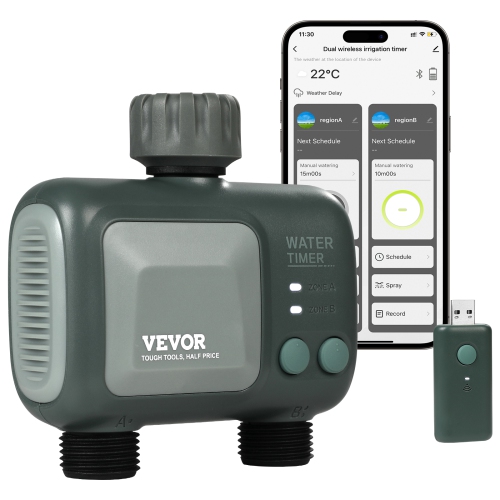 VEVOR 2 Outlets WiFi Sprinkler Timer, Smart Hose Faucet Water Timer with Brass Inlet, APP Control via 2.4Ghz WiFi or Bluetooth, Alexa/Google Voice