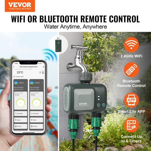 VEVOR 2 Outlets WiFi Sprinkler Timer, Smart Hose Faucet Water Timer with Brass Inlet, APP Control via 2.4Ghz WiFi or Bluetooth, Alexa/Google Voice