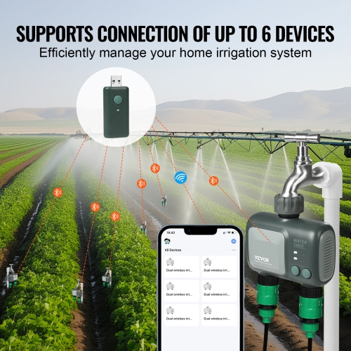 VEVOR 2 Outlets WiFi Sprinkler Timer, Smart Hose Faucet Water Timer with Brass Inlet, APP Control via 2.4Ghz WiFi or Bluetooth, Alexa/Google Voice