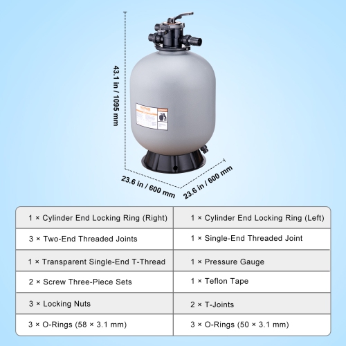VEVOR 24-inch Sand Filter, Up to 65 GPM Flow Rate, Above ground Filter System with 7-Way Multi-Port Valve, Filter, Backwash, Rinse, Recirculate,