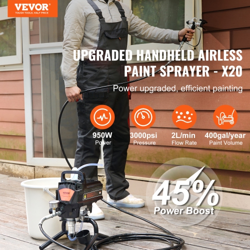 VEVOR 950W Stand Airless Paint Sprayer, 3000PSI High Efficiency, Handheld Paint Sprayers for Home Interior and Exterior Furniture and Fences, Fine