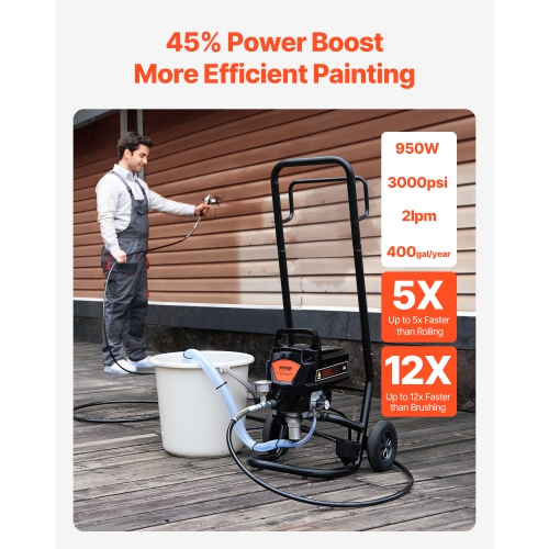 VEVOR 950W Stand Airless Paint Sprayer, 3000PSI High Efficiency Airless Sprayer With Cart, for Home Interior and Exterior Furniture and Fences, Fine