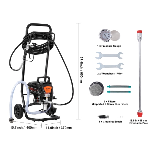 VEVOR 950W Stand Airless Paint Sprayer, 3000PSI High Efficiency Airless Sprayer With Cart, for Home Interior and Exterior Furniture and Fences, Fine
