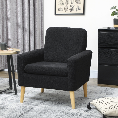 HOMCOM Teddy Fabric Accent Chair, Upholstered Armchair, Mid-Century Modern Living Room Chair with Wood Legs and Wide Padded Seat, Black