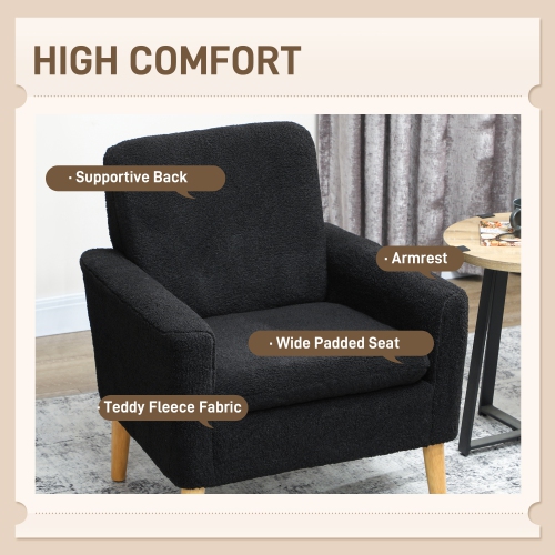 HOMCOM Teddy Fabric Accent Chair, Upholstered Armchair, Mid-Century Modern Living Room Chair with Wood Legs and Wide Padded Seat, Black