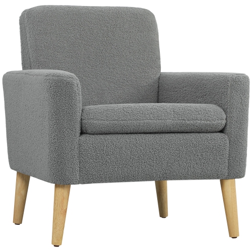HOMCOM Teddy Fabric Accent Chair, Upholstered Armchair, Mid-Century Modern Living Room Chair with Wood Legs and Wide Padded Seat, Grey
