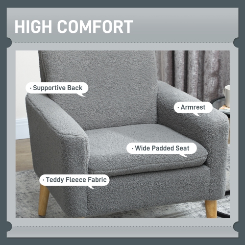 HOMCOM Teddy Fabric Accent Chair, Upholstered Armchair, Mid-Century Modern Living Room Chair with Wood Legs and Wide Padded Seat, Grey