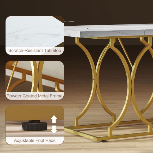 HOMCOM 59-Inch Dining Table for 6, Modern Marble-Pattern Kitchen Dinner Table with Metal Pedestal for Home, Dining Room, White