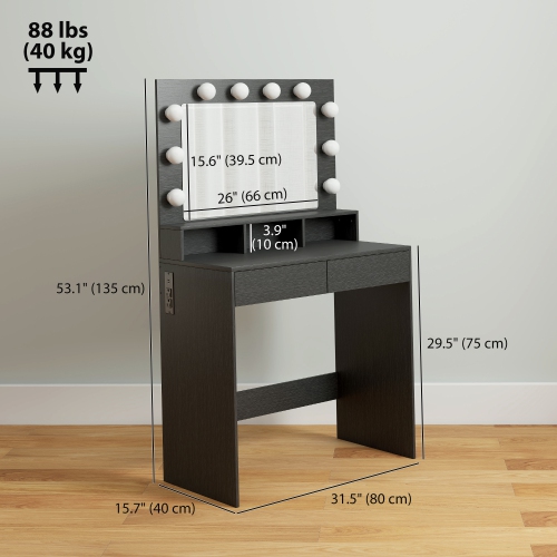 HOMCOM Makeup Vanity Desk with Lighted Mirror and Charging Station, Vanity Table with Drawers, 3 Lighting Modes, 10 Bulbs, Modern Dressing Table for