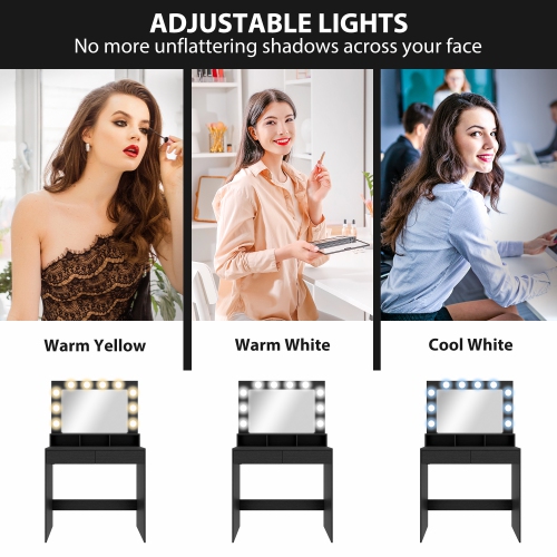 HOMCOM Makeup Vanity Desk with Lighted Mirror and Charging Station, Vanity Table with Drawers, 3 Lighting Modes, 10 Bulbs, Modern Dressing Table for