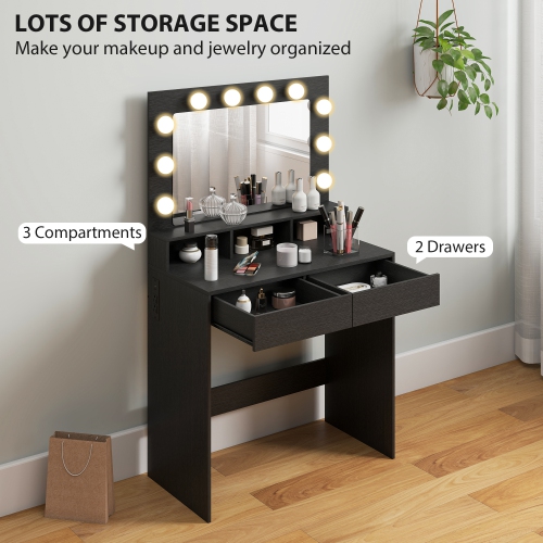HOMCOM Makeup Vanity Desk with Lighted Mirror and Charging Station, Vanity Table with Drawers, 3 Lighting Modes, 10 Bulbs, Modern Dressing Table for