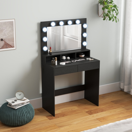 HOMCOM Makeup Vanity Desk with Lighted Mirror and Charging Station, Vanity Table with Drawers, 3 Lighting Modes, 10 Bulbs, Modern Dressing Table for