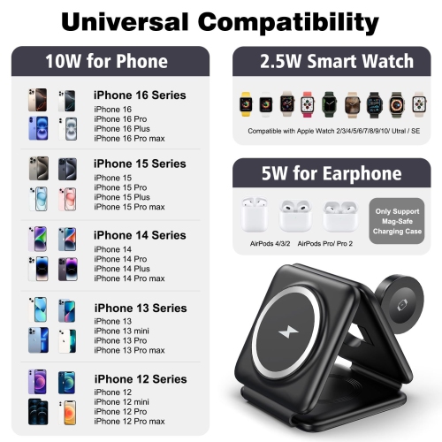 Foldable 3 in 1 Wireless Charger, Portable Wireless Magnetic Charger for Apple Watch, iPhone 16/15/14/13/12 Pro Max Plus, and AirPods