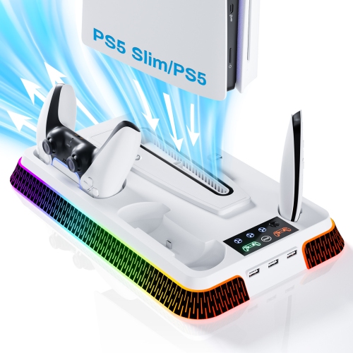 PS5PRO/PS5Slim/PS5 Multi-function Console Cooling Base Colorful Base PS5 Controller Charging - Piano Model with Colorful White