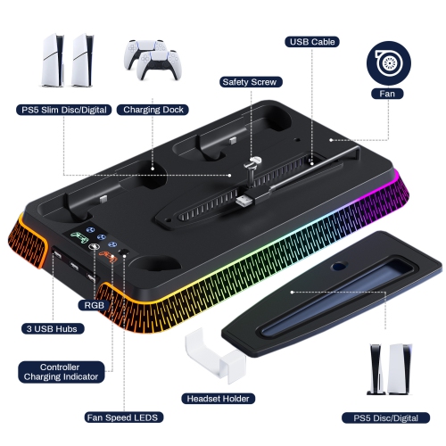 PS5PRO/PS5Slim/PS5 Multi-function Console Cooling Base Colorful Base PS5 Controller Charging - Piano Model with Colorful White