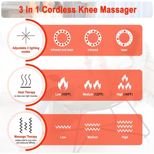 Cordless Knee Massager with Heat,Red Light Massage for Knee Pain Relief,Infrared Heat & Vibration,Portable Wireless Knee Heating Massager with LED