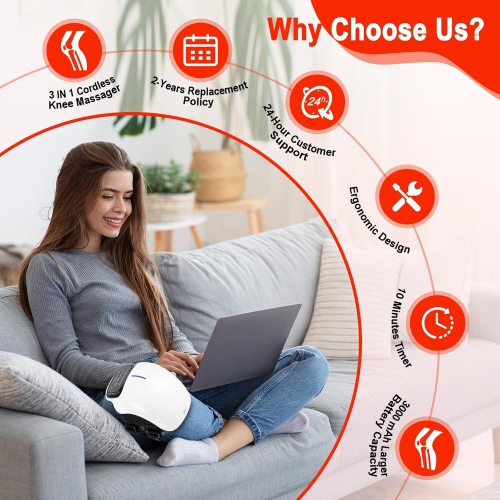 Cordless Knee Massager with Heat,Red Light Massage for Knee Pain Relief,Infrared Heat & Vibration,Portable Wireless Knee Heating Massager with LED