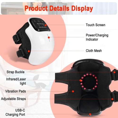 Cordless Knee Massager with Heat,Red Light Massage for Knee Pain Relief,Infrared Heat & Vibration,Portable Wireless Knee Heating Massager with LED