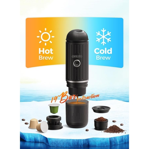 Portable Coffee Maker 19Bar Car Coffee Machine With Battery Fit For NS Capsule & Ground Coffee For Car, Travel, Office, Camping, Hiking Black