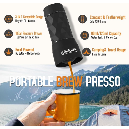 Portable Coffee Maker,3 in 1 Manual Espresso Machine, Original Capsule, DG Pods & Ground Coffee,Suitable for Hiking,Fishing,Camping,Backpacking or