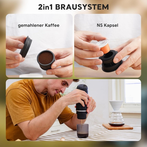 Portable Electric Espresso Coffee Maker, Travel Car Hiking, Fast self-heating 2 IN 1 Extraction System Espresso Machine, Support Ground Coffee and NS