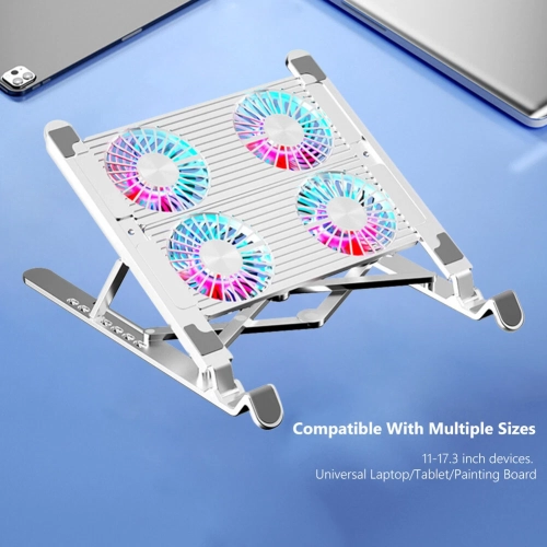 Aluminum laptop cooling pad, LED laptop cooler, low noise cooling fan, foldable laptop stand - quad fans