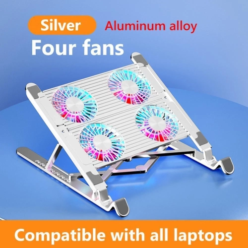 Aluminum laptop cooling pad, LED laptop cooler, low noise cooling fan, foldable laptop stand - quad fans