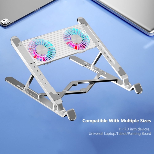Aluminum laptop cooling pad, LED laptop cooler, low noise cooling fan, foldable laptop stand - dual fans