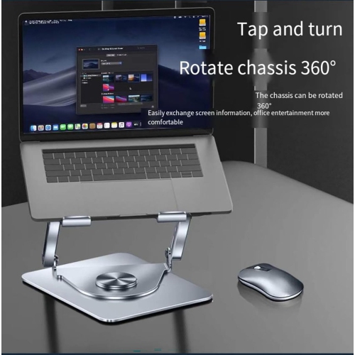 Laptop stand with 360° swivel base, dual pivot fully foldable and adjustable, with fan
