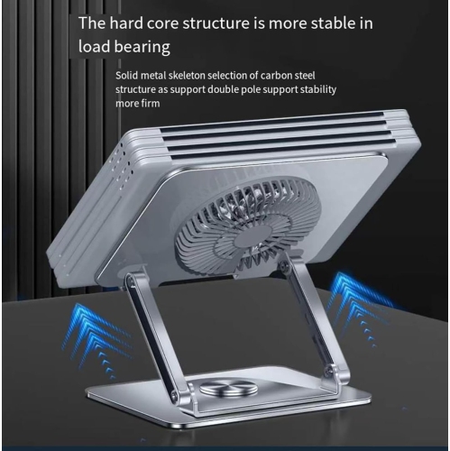 Laptop stand with 360° swivel base, dual pivot fully foldable and adjustable, with fan